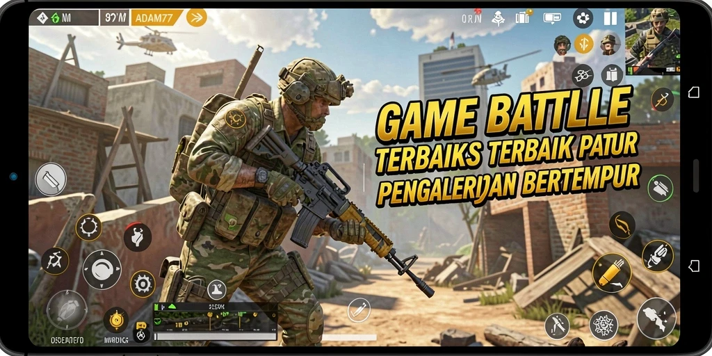 Screenshot menunjukkan aksi pertempuran sengit dalam game ADAM77 Battle Royale.