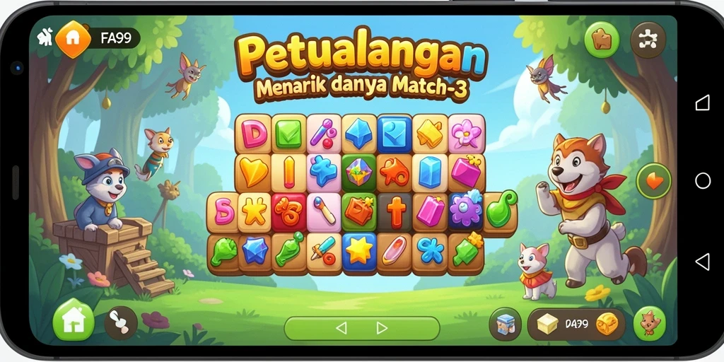 Screenshot utama FA99 menampilkan gameplay seru Match-3.