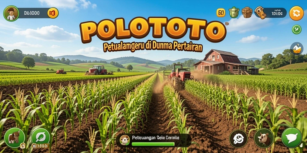 Screenshot gameplay POLOTOTO menampilkan ladang yang subur dan hewan peliharaan.