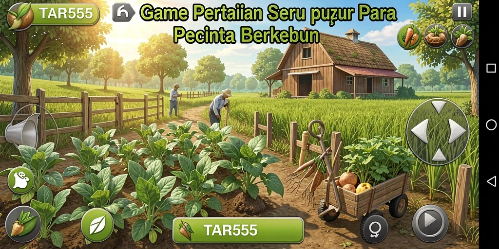 Tangkapan layar gameplay TAR555 menampilkan kebun yang indah dengan tanaman yang subur.
